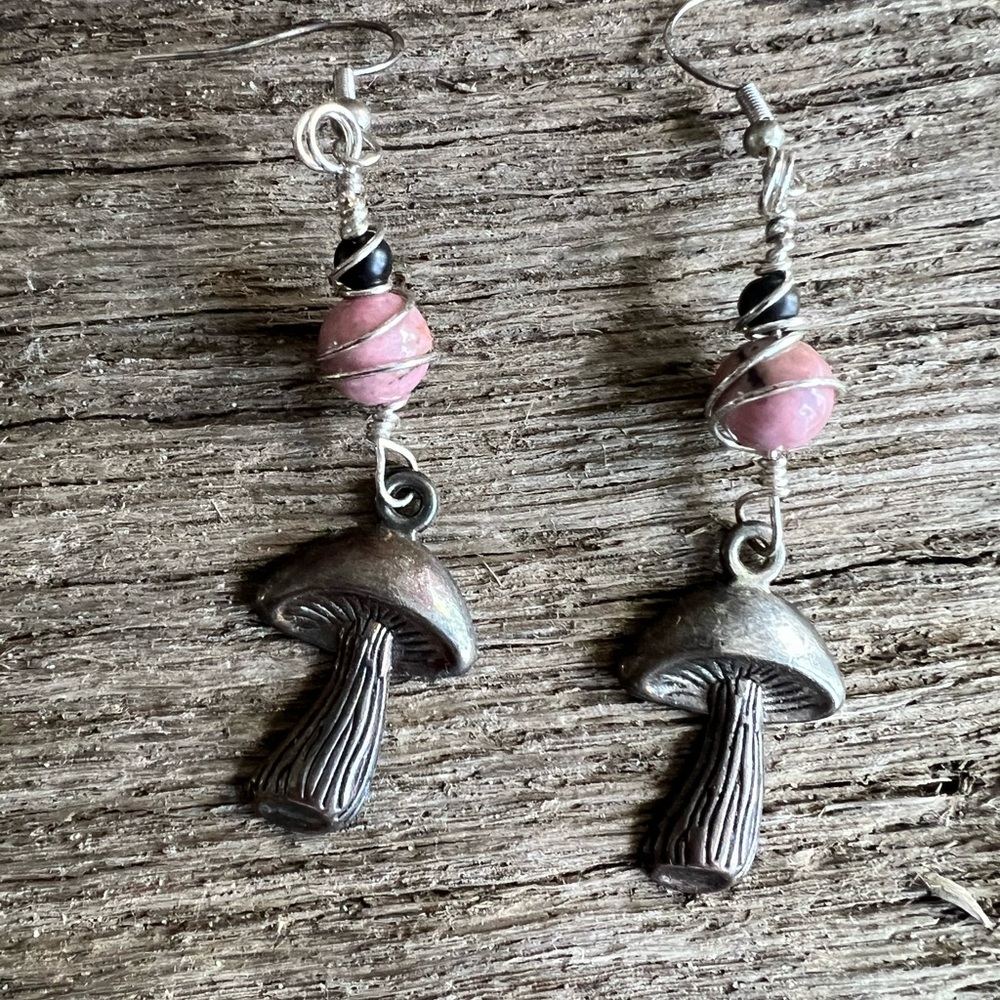 Mushroom Dangle Earrings with Pink Beads